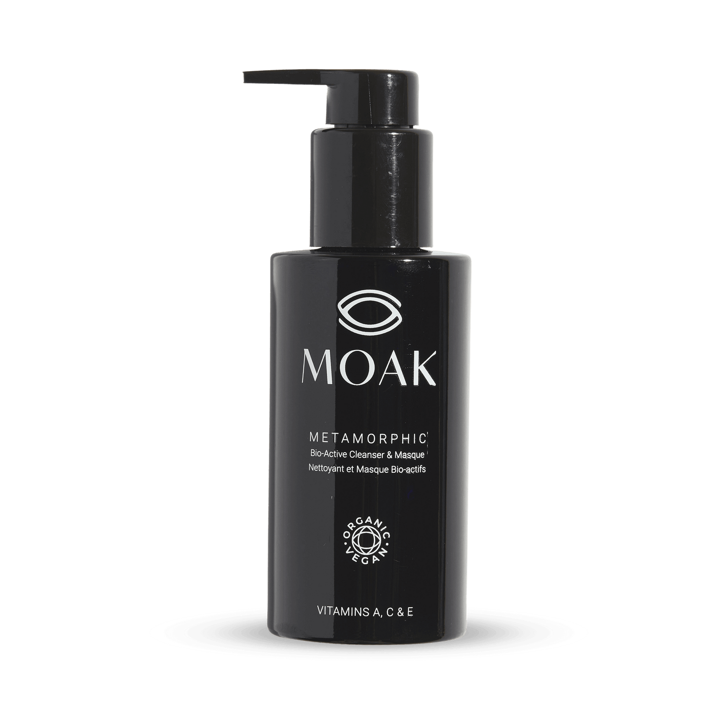 Moak Metamorphic Bio-Active Cleanser & Masque. Vegan, organic skincare with vitamins A, C, and E for deep cleansing and hydration.