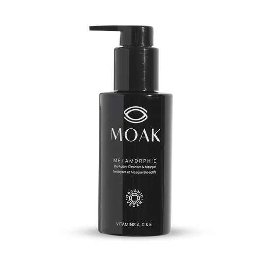 MOAK Metamorphic Cleanser & Masque product photo on a clean white background, highlighting its sleek packaging and powerful natural ingredients for deep skin rejuvenation and purification