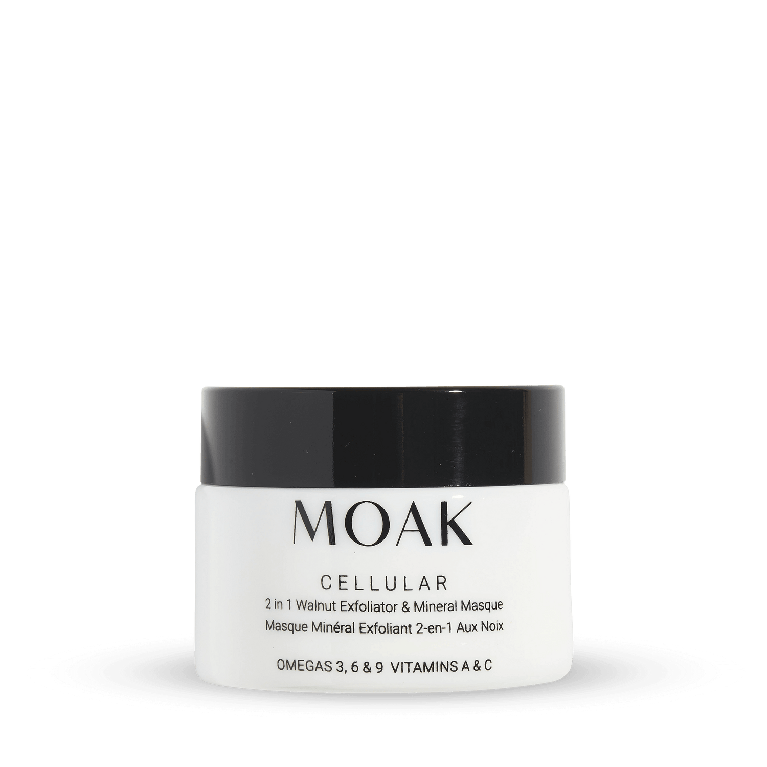 Moak Cellular 2-in-1 Walnut Exfoliator & Mineral Masque. Vegan exfoliator with Omegas 3, 6, & 9, and vitamins A & C for deep cleansing and skin rejuvenation