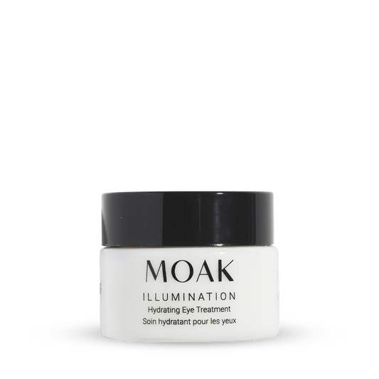 MOAK Illumination Eye Treatment product displayed on a clean white background, highlighting its brightening and anti-aging properties with natural ingredients like Emu Apple and Reishi Mushroom